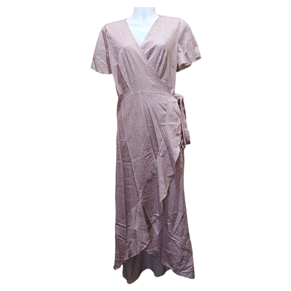 Simplee Polka Dot Print Butterfly Sleeve Ruffle Trim Wrap Dress -Rusty Pink Rose